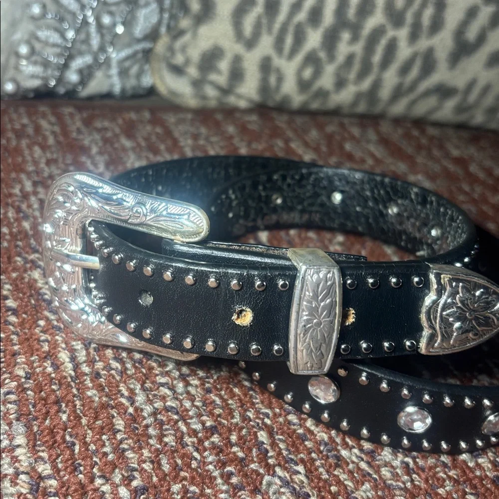 Vintage NOCONA belt Black Studded Leather Belt Silver Buckle rhinestone glamor